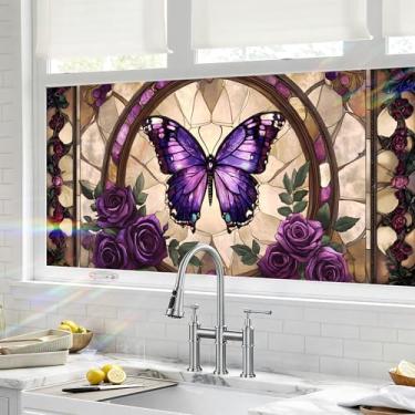 Imagem de BVBOX Película de privacidade para janela 44,5 cm x 99,8 cm, borboleta roxa vintage, bloqueio solar, vitral, adesivo, adesivo decorativo para controle de calor de porta doméstica, borboleta 1