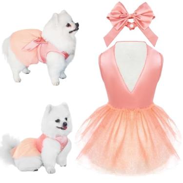 Imagem de Topkins Vestido de verão para meninas, vestido de tule de seda para cães, lindos vestidos de princesa com laço, roupa de festa de aniversário para animais de estimação, tutu para cães pequenos, roupas