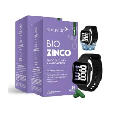 Imagem de Kit 2x Pura-vida Suplemento alimentar Bio Zinco 30 cápsulas Acompanha Relógio Esportivo Aprova D'agua Preto
