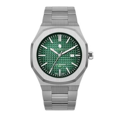 Imagem de SAPPHERO Relógio masculino octogonal de aço inoxidável 30 m à prova d'água luminoso relógio de pulso analógico de quartzo de luxo para homens com data elegante, P pulseira prata/face verde