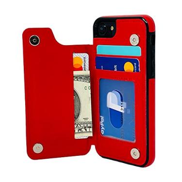 Imagem de S-Tech Capa carteira para iPhone 7 Plus/iPhone 8 Plus (5,5 polegadas) com suporte para cartão de couro, compartimentos para cartão, fecho magnético duplo e capa durável à prova de choque para Apple (vermelho)