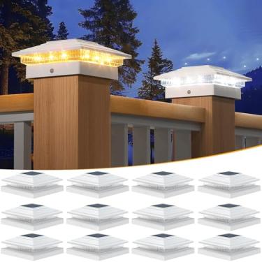 Imagem de APONUO Luzes solares com tampa de poste IP64, à prova d'água, 16 LEDs brilhantes, poste de cerca para deck, cerca, pátio, jardim, quintal, 2 modos, luz externa de longa duração para postes 10 x 12 x