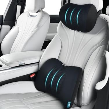 Imagem de FLORICH Suporte lombar com encosto de cabeça de carro, almofada para encosto de cabeça para cadeira, almofada com ponto de massagem de espuma de memória de gel, suporte lombar (preto)