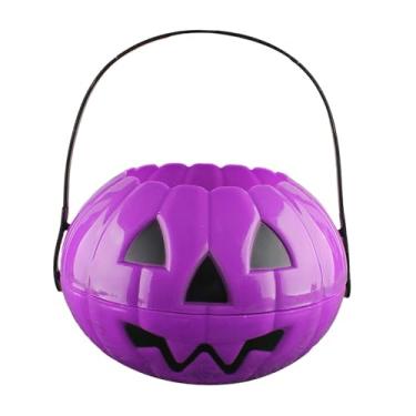 Imagem de IEUDNS Balde de doces ou travessuras de Halloween, decoração de Halloween, cesta de doces portátil Jack O'Lantern, suporte para balde de para crianças no, Roxo