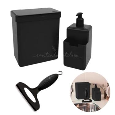 Imagem de Kit Pia Cozinha Três Peças Lixeira 2,5l Dispenser E Rodinho Preto Coza