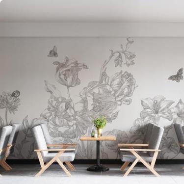 Imagem de Papel de parede floral de desenho grande com estampa de flores boho autoadesivo vintage branco papel de parede 376 cm L x 248 cm A papel de parede mural de borboleta removível pinturas de parede