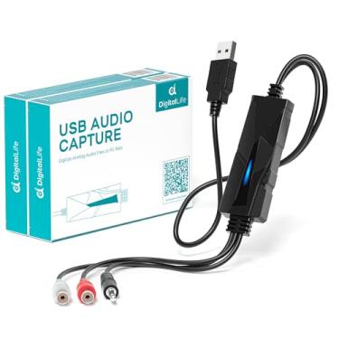 Imagem de DigitalLife Placa de captura de áudio USB 2.0 pacote com 2 – RCA dupla/entrada de 3,5 mm, dispositivo de captura de áudio para entusiastas de música, criadores e educadores, compatível com Windows
