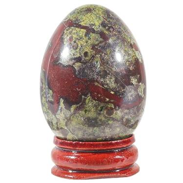 Imagem de Casaper Ovo de pedra sangrenta de dragão natural de 5 cm com suporte de madeira para decoração de casa, estatuetas de fengshui com bolso de cristal polido, esfera de palmeira, Reiki curativo