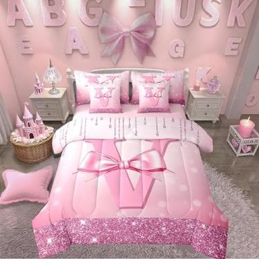 Imagem de Erosebridal Jogo de edredom infantil Queen com laço rosa com letra V com letra V em uma bolsa com lençol de cima e lençol com elástico, princesa e laço de glitter, conjunto de cama de 7 peças, edredom