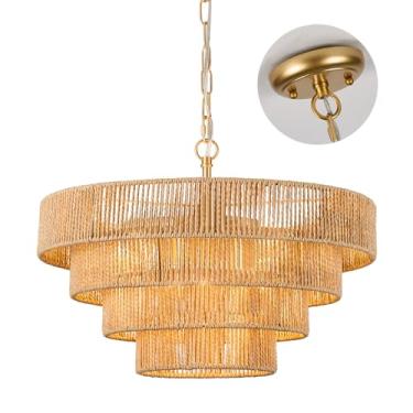 Imagem de Haolaike Lustres Boho Tecido à Mão Rattan 4 Luminárias Pingente Redondo Minimalista 6 Luzes Grandes Pendentes para Cozinha Ilha Sala de Jantar Corredor Sala de Estar
