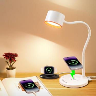 Imagem de Lâmpadas de mesa de LED para escritório em casa, lâmpada de mesa com USB C + duas portas de carregamento, carregador sem fio, lâmpada de leitura com regulação de 5 cores, temporizador/toque de memória