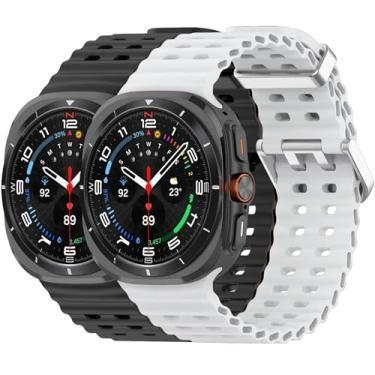 Imagem de 2 peças compatíveis com Samsung Galaxy Watch Ultra Band de 47 mm, silicone macio oceano de substituição para Samsung Galaxy Watch Ultra Band (preto branco)