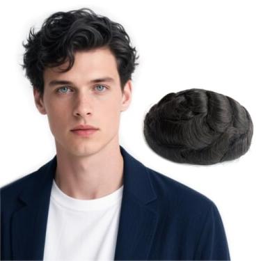Imagem de Hywel Toupee para homens com 100% cabelo humano real, top mono com revestimento de poliéster ao redor da touca peruca masculina, reposição de peças de cabelo ondulado natural para homens sistema off