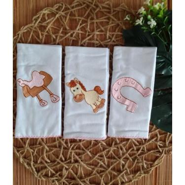 Imagem de Kit Fralda De Boca COWGIRL ROSA em Malha Bordada para Bebê  Menina 3 P