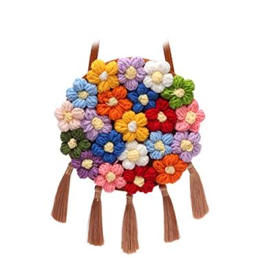 Imagem de QTKJ Bolsa feminina de ombro a tiracolo tecida à mão, bolsa redonda de tecido de algodão, linda bolsa de praia de verão com flores tricotadas de borla, Caqui, 7.8''x 7.8''