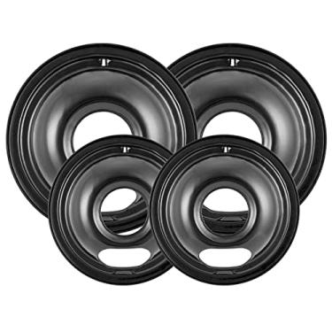 Imagem de Pacote com 4 formas de gotejamento pretas para cooktop, compatíveis com fogão Hotpoint GE. Inclui 2 peças de pastilhas de substituição de 15 cm e 2 peças de formas de gotejamento de 20 cm para fogão elétrico