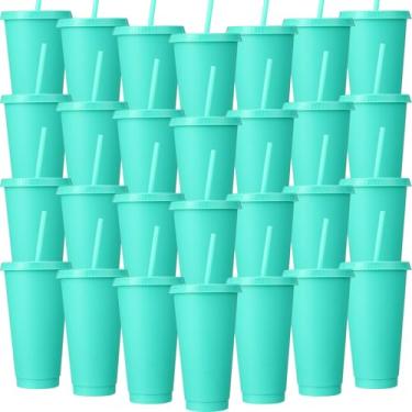 Imagem de Honeydak Pacote com 60 copos com canudo e tampa, garrafa de água a granel, café gelado, caneca de viagem, copos de plástico reutilizáveis para festas de aniversário, 680 a 765 g (cor verde)