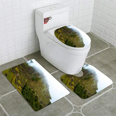 Imagem de BEISISS Conjunto de tapetes de banheiro 4 peças antiderrapantes - Tapete de banheiro curto de pelúcia Machu Picchu Peru verde terraços ruínas neblina + almofada de contorno + tampa assento de vaso