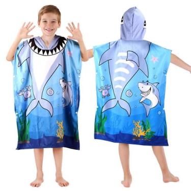 Imagem de Toalhas de praia com capuz para crianças de 2 a 6 anos, lindo tema de tubarão para meninos, saída de banho para banheiro, 56 x 66 cm, poncho de toalha de banho azul de secagem rápida, perfeito para