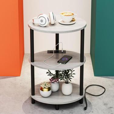 Imagem de Mesa lateral RISWER pequena redonda de 3 camadas com portas USB Greige