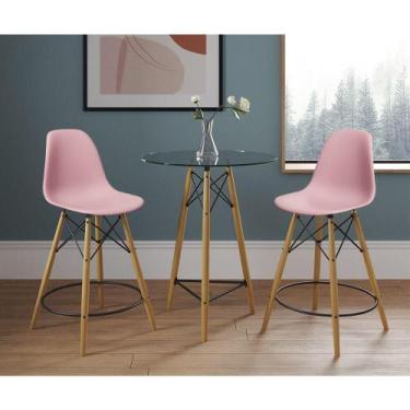 Imagem de Mesa Bistrô Eames Eiffel Vidro Com 2 Banquetas Rosas De Madeira - Cor: