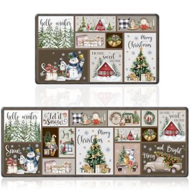 Imagem de InIsaJace Conjunto de 2 tapetes de cozinha Merry Christmas, decoração de inverno, antiderrapante, boneco de neve, caminhão, conjunto de Grome para decoração de casa (40 x 71 + 40 x 118 cm)
