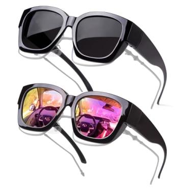 Imagem de Laurinny Óculos de sol com ajuste polarizado para mulheres e homens, óculos escuros quadrados grandes, proteção UV400, Pacote com 2 (polarizado): preto/cinza + preto/roxo espelhado, 150mm