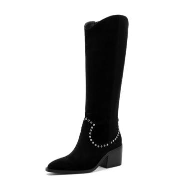 Imagem de GOSERCE Botas femininas de camurça na altura do joelho, bico fino, salto grosso, botas altas de outono, zíper lateral com detalhes de pino, preta, A-preto/camurça, 35