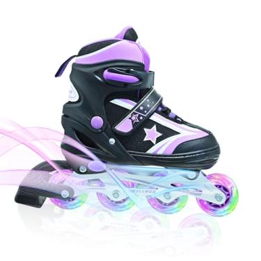 Imagem de Patins em linha para meninas e meninos, patins ajustáveis de 4 tamanhos para crianças com rodas totalmente iluminadas e jovens de 12 a 14 anos, patins roxos para iniciantes para adolescentes
