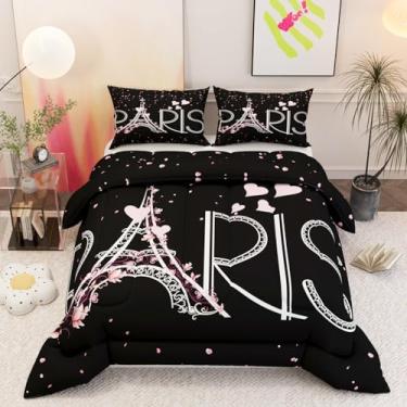 Imagem de Namoxpa Conjunto de edredom com tema da Torre Eiffel de Paris, padrão 3D preto e rosa para crianças, adolescentes e adultos, conjunto de edredom decorativo com 2 fronhas, tamanho Queen