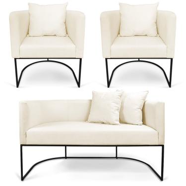 Imagem de Kit 01 Namoradeira 02 Lugares E 02 Poltronas Paola Linho Base Metálica Preto Cor A19 Grosso Bege