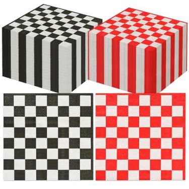 Imagem de Guardanapos de coquetel guingão 100 peças - guardanapos de papel xadrez vermelho, branco e preto, guardanapos descartáveis xadrez para almoço, aniversário, piquenique, verão, jantar, churrasco e