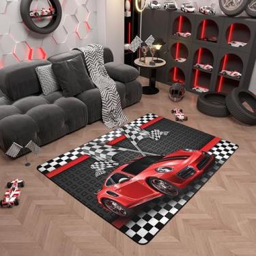 Imagem de Castle Fairy Tapete de carro de corrida 1,5 x 1,8 m, tapete vermelho para decoração de carro esportivo sem queda para quarto, sala de jogos, cabeceira, preto, branco, bandeira, xadrez, decorativo, para adultos, crianças