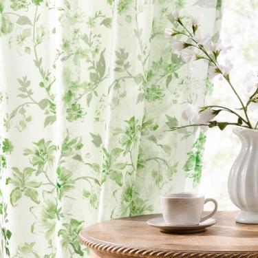 Imagem de Cortinas transparentes florais verdes de 213 cm de comprimento, 2 painéis para quarto, com textura botânica, folhas de sálvia e flores, cortinas estampadas com filtro de luz, bolso para varão