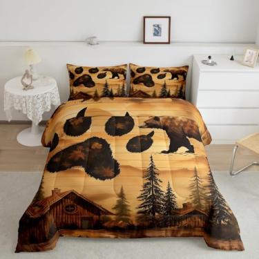 Imagem de Erosebridal Jogo de cama King com estampa de pata, urso, campo, bosque, chalé, casa de fazenda, caçador, edredom rústico, decoração de quarto, 2 fronhas