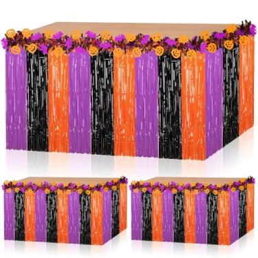 Imagem de DTOFOOT Conjunto de 4 peças de saia de mesa de Halloween, 76 x 272 cm com franjas metálicas de folha metálica de Halloween e guirlanda de tinsel para decoração de mesa de Halloween, decoração de festa
