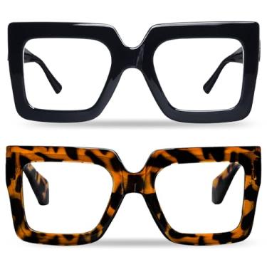 Imagem de hoyuwak 2 peças de óculos grandes quadrados com luz azul, armação grande, óculos de computador, grossos, modernos, transparentes, para mulheres, moda, Preto e leopardo