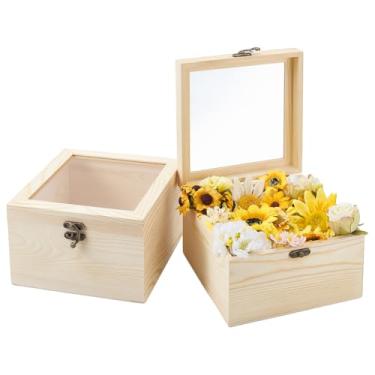 Imagem de PH PandaHall 2 caixas de madeira de 18 x 18 x 11,4 cm com tampa de vidro, caixa de exibição de madeira inacabada com tampa articulada, caixas de armazenamento de lembranças, recipiente para artesanato