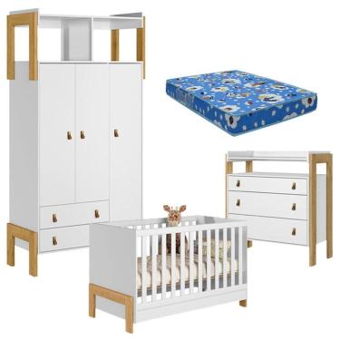Imagem de Quarto de Bebê Fantasia Branco Acetinado com Colchão Tend Tudo – Qmovi