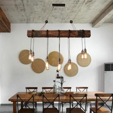 Imagem de Lustre de madeira vintage estilo industrial feito à mão retrô luminária de mesa de jantar para ilha de cozinha restaurante bar (tamanho: J)