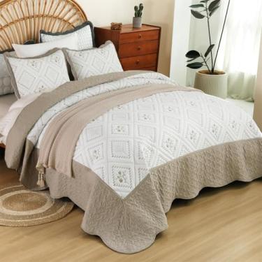 Imagem de Conjunto de colcha King Size Taupe-104 x 90 Cal King com 2 fronhas - edredom de cama bordado xadrez requintado para todas as estações - cobertor leve