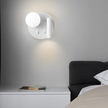 Imagem de Lâmpada de parede interna LED com 2 interruptores Lâmpadas de parede modernas Lâmpada de leitura rotativa Iluminação de parede com abajur de vidro esférico para quarto cabeceira sala de estar (luz