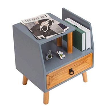 Imagem de Mesa de cabeceira - mesa lateral de sofá, mesa de canto para lanche, mesa de cabeceira com gaveta de armazenamento, pernas de madeira maciça, móveis de sala de estar, quarto, azul claro (cor: estilo