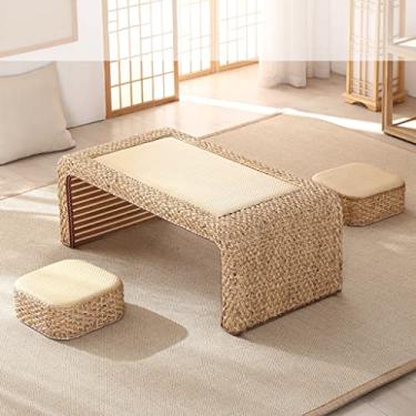 Imagem de Mesa de centro de vime com 2 bancos, mesa de chá no chão, mesa de tatami para computador portátil, mesa baixa multifuncional, tamanho: 60 * 40 * 30 cm (B (3 peças) 80 * 50 * 38 cm) (B (3 peças