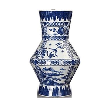 Imagem de CYYHGD Vasos de flores vaso de cerâmica retrô pintado vasos de grés 37 cm grande azul e branco vaso de flor de porcelana para casa sala de estar escritório decoração de mesa ornamento vaso decorativo