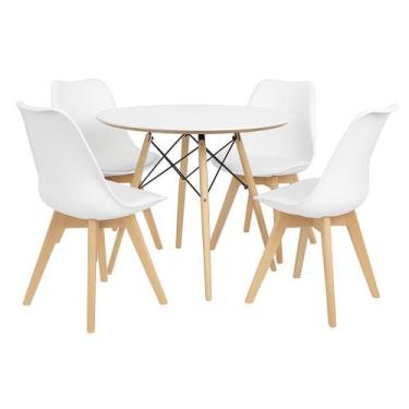 Imagem de Mesa Redonda Eames Chanfrada 110cm Branca com 4 Cadeiras Saarinen Wood
