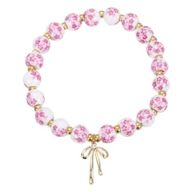 Imagem de PATIKIL Pulseira feminina de contas com pingente de laço, pulseira de cristal com contas de flores vintage, cordão elástico feito à mão com bolsa de veludo para presentes de joias, laço rosa/dourado