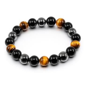 Imagem de Pulseira de força e equilíbrio – Design flexível com pedras naturais de olho de tigre, hematite e obsidiana para ambos os gêneros 19 cm, 19cm, Pedra preciosa, Olho de Tigre