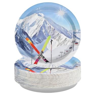 Imagem de 50 peças de decorações de festa de esqui de inverno, 23 cm, pratos de papel descartáveis, esqui, aventura, esqui, esportes, país das maravilhas e sobremesas, pratos temáticos para esquiadores, Natal