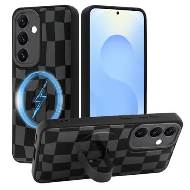 Imagem de SOKAD Capa quadriculada magnética para Samsung Galaxy S25 com suporte de alça de dedo, compatível com Magsafe, lindo tabuleiro de xadrez projetado para mulheres e homens, capa de proteção completa
